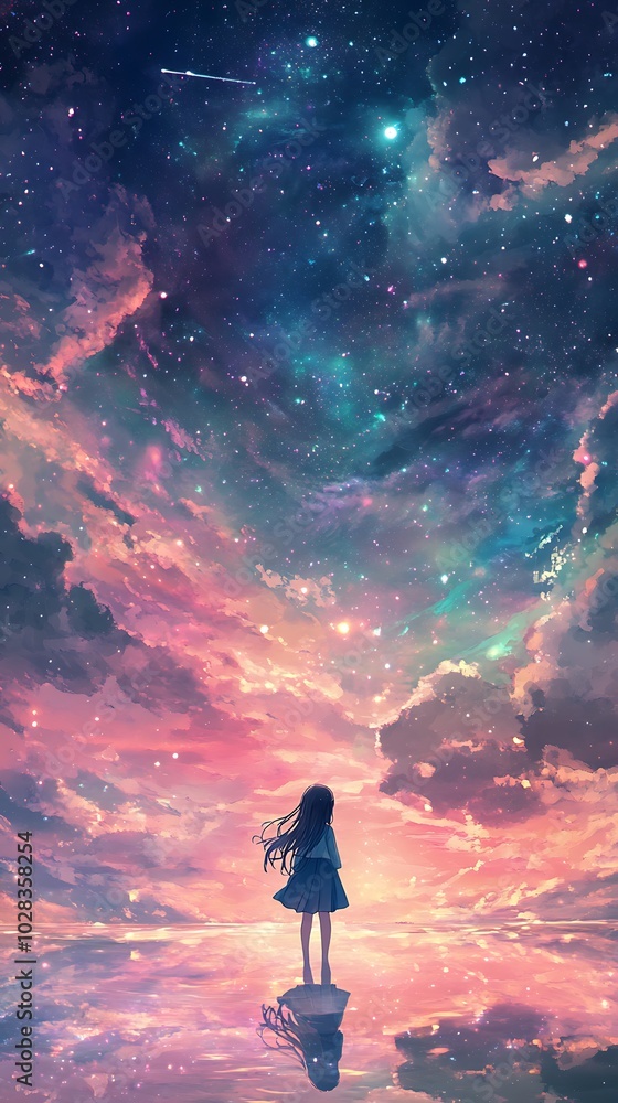 Obraz premium Lonely Figure Gazing at the Starry Sky.