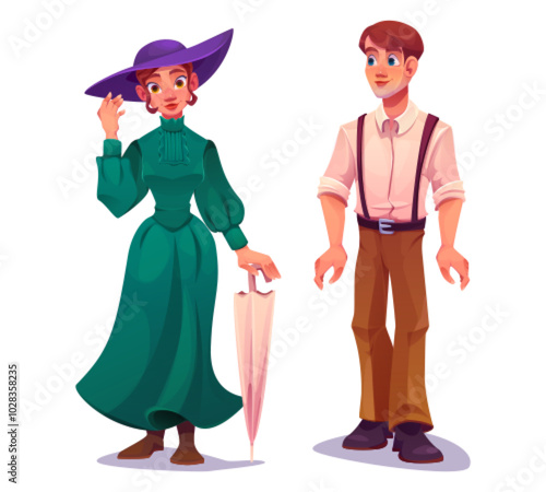 Cartoon young man and woman in Victorian times fashion clothing. Vector set of male person in shirt and pants with suspenders and lady in long dress and hat. Characters in vintage renaissance clothes. photo