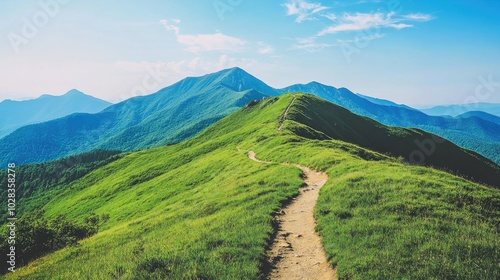 Scenic mountain view with a winding trail, lush green hills, and a clear blue sky, creating the perfect backdrop for outdoor adventure