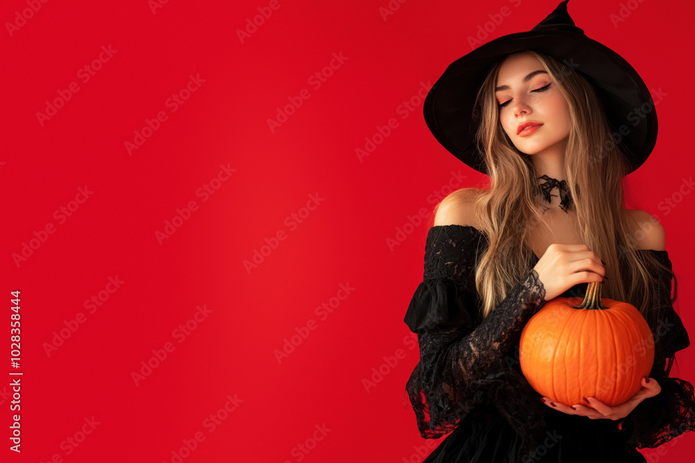 Charming young witch posing with a plain pumpkin Charming young witch posing with a plain pumpkin
