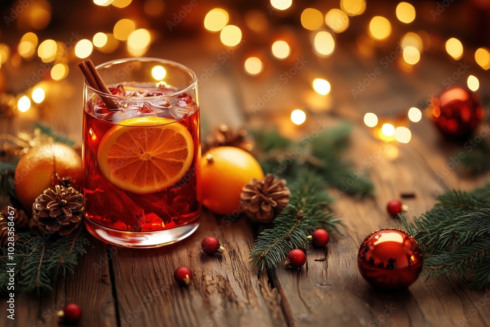 a mulled wine on a wooden table with christmas decorations. a mulled wine on a wooden table with christmas decorations.