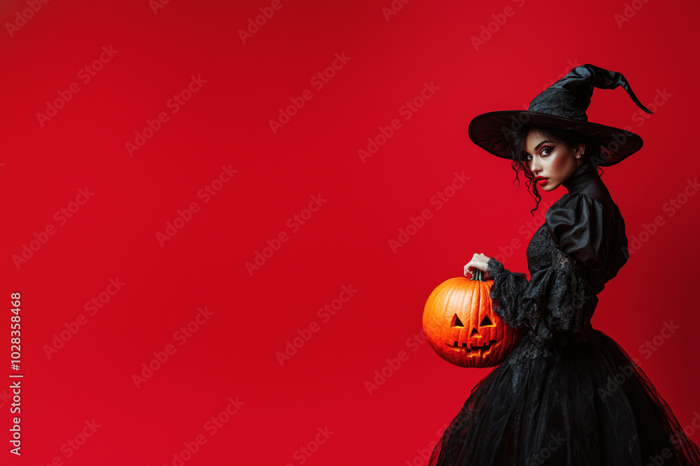 Mystical witch with curly hair and carved pumpkin Mystical witch with curly hair and carved pumpkin