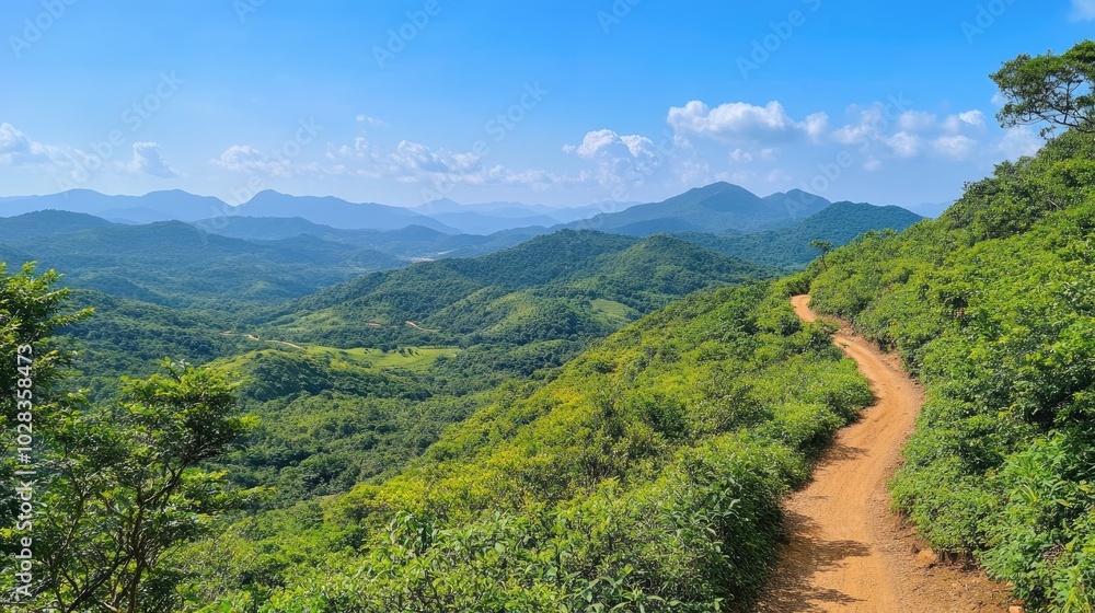 Obraz premium A beautiful mountain view with a winding trail cutting through vibrant greenery, under a clear blue sky, perfect for outdoor content