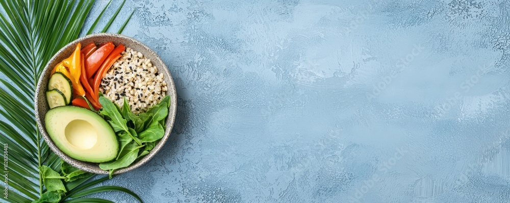 Colorful grain bowl with avocado and fresh greens, perfect for healthy meals and vibrant presentations - space for text. Colorful grain bowl with avocado and fresh greens, perfect for healthy meals and vibrant presentations - space for text.