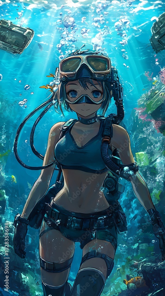 Anime Girl Scuba Diving Underwater. Anime Girl Scuba Diving Underwater.