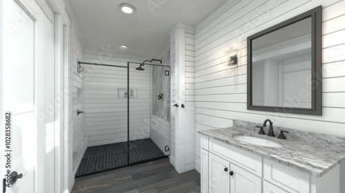 A modern farmhouse bathroom with white shiplap walls, a marble-topped vanity, and a walk-in shower with black hexagon tile flooring