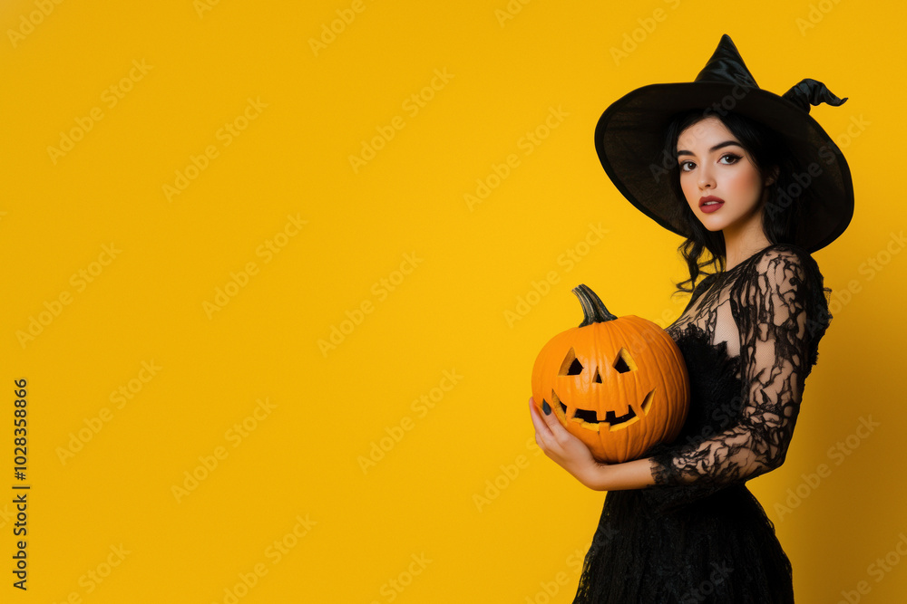 Fototapeta premium Stylish Witch Posing with Carved Halloween Pumpkin