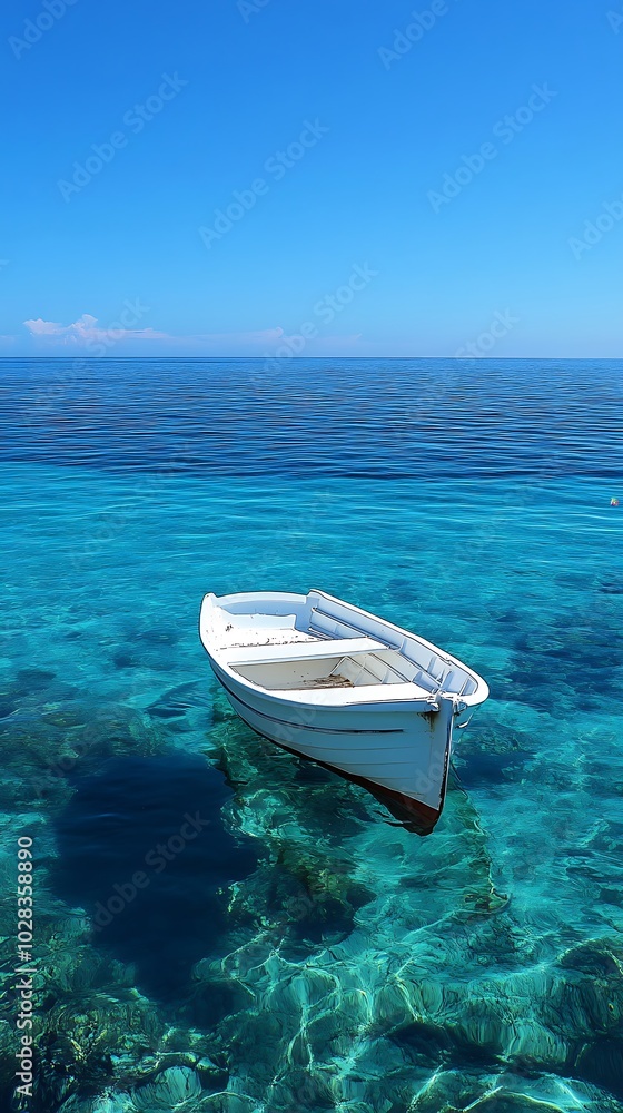 Calm Rowboat Floating Across Still Glassy Blue Waters Image Calm Rowboat Floating Across Still Glassy Blue Waters Image