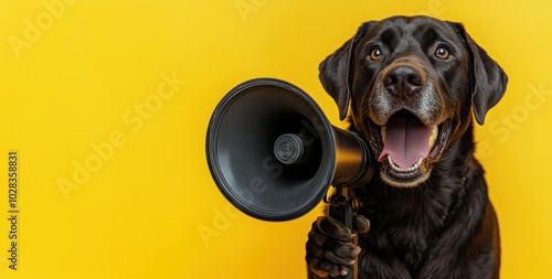 Dog with Loudspeaker Against Bold Yellow Backdrop with copy space. Black friday sales, Holiday sales, advertisement banner.  photo