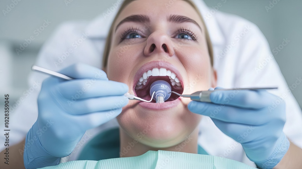 Dentist holding suction, patient reclined, filling in progress Dentist holding suction, patient reclined, filling in progress