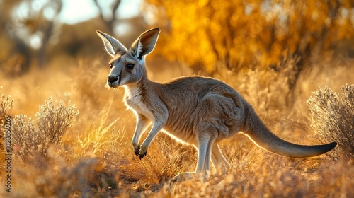 Kangaroo hopping through Australian outback red dirt and dry bushes under the midday sun photo