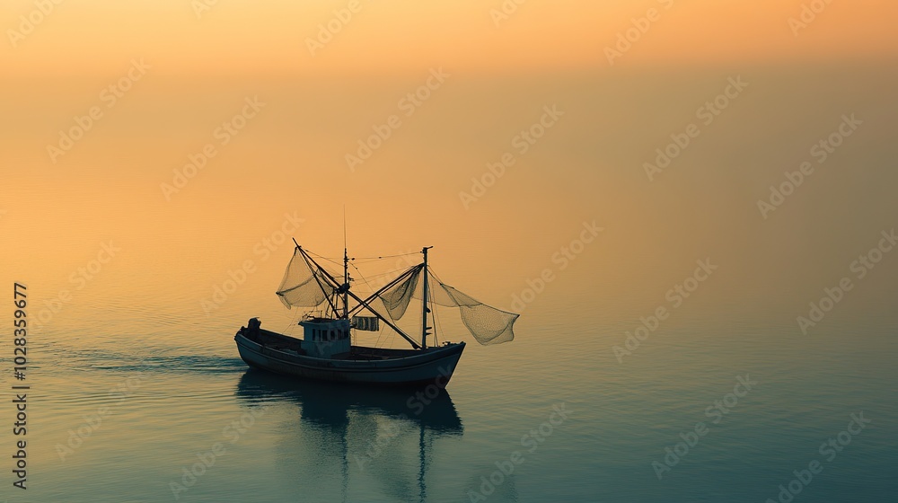 Naklejka premium An artisanal fishing boat setting off at dawn, with handmade nets and traditional wooden design, sailing through calm waters