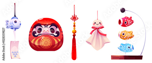 Chinese daruma doll, knot tassel and lucky carp vector decoration set. Koinobori element with hanging ghost toy. Japanese culture traditional craft. Mask and luck on rope for asian festival