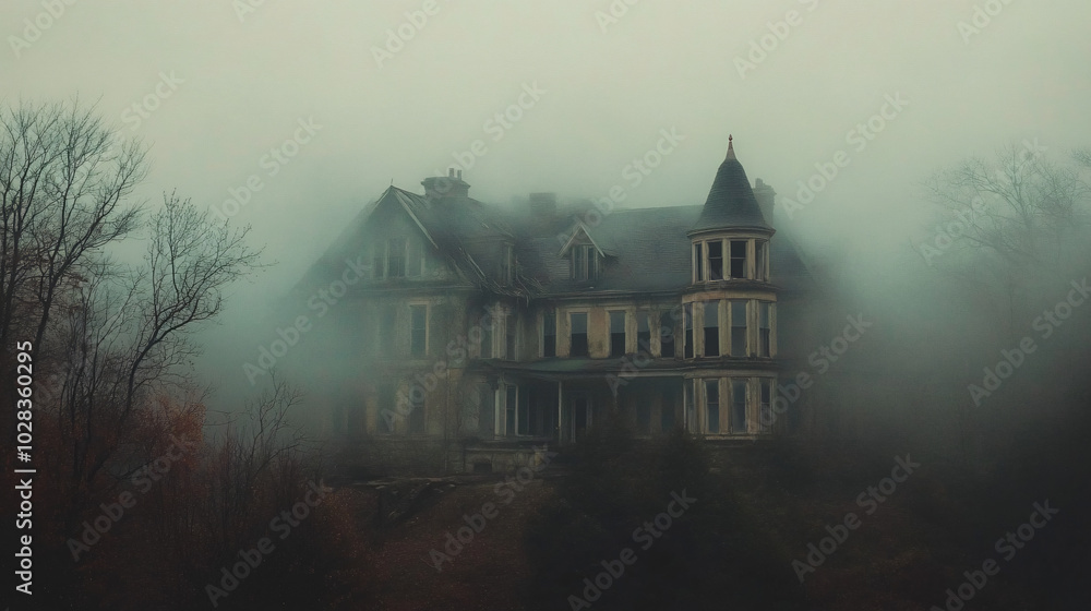 A chilling fog envelops an abandoned mansion, obscuring the windows. A chilling fog envelops an abandoned mansion, obscuring the windows.