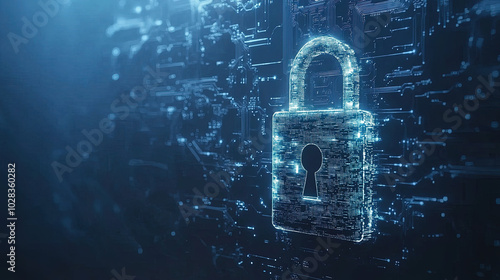 Digital padlock for computing system on dark blue background, cyber security technology for fraud prevention and privacy data network protection concept