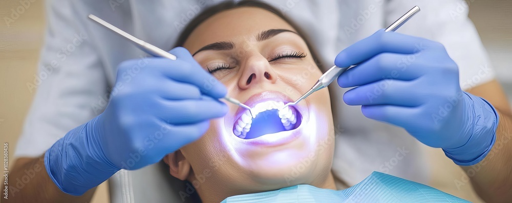 Dentist with curing light on filled tooth, patient relaxed, hygiene focus Dentist with curing light on filled tooth, patient relaxed, hygiene focus