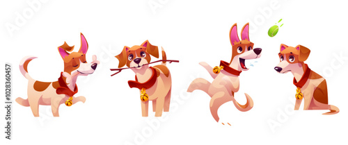 Cute dog character behavior cartoon vector set. Puppy pet play ball and tree branch graphic illustration. Active pup expression with different pose and emotion. Playful, tired and sad baby terrier