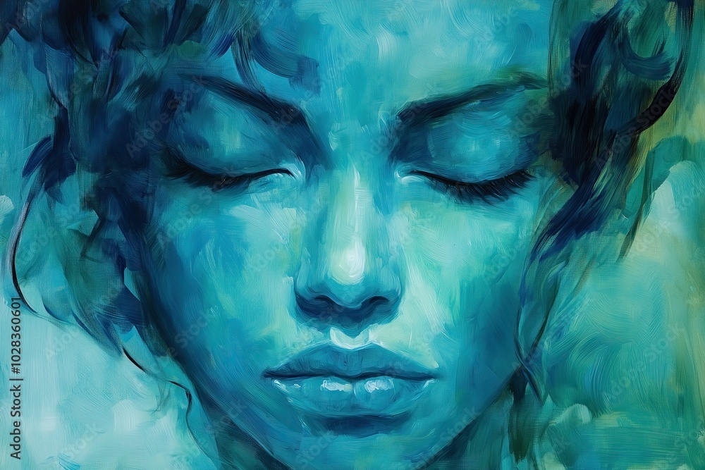 Humble face of a young woman in blue watercolors Humble face of a young woman in blue watercolors