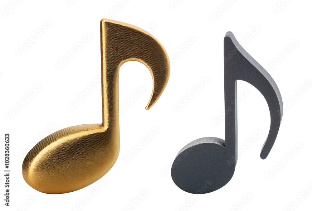 Two musical notes in gold and black, isolated on a white background. Two musical notes in gold and black, isolated on a white background.