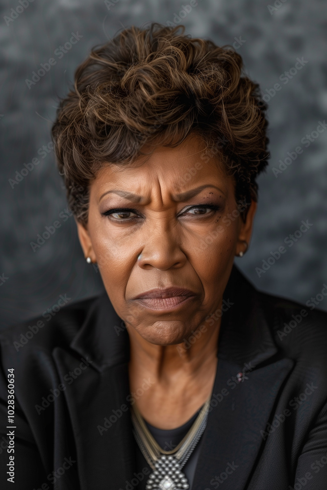 A close-up portrait of a serious-looking black woman with short, curly hair. She has a stern angry expression, wearing a black blazer and a statement necklace. A close-up portrait of a serious-looking black woman with short, curly hair. She has a stern angry expression, wearing a black blazer and a statement necklace.