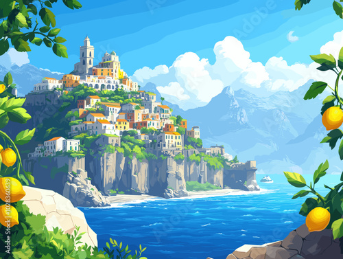 Breathtaking cliffside town overlooking the sea with vibrant lemon trees in the foreground, capturing a picturesque Mediterranean summer landscape