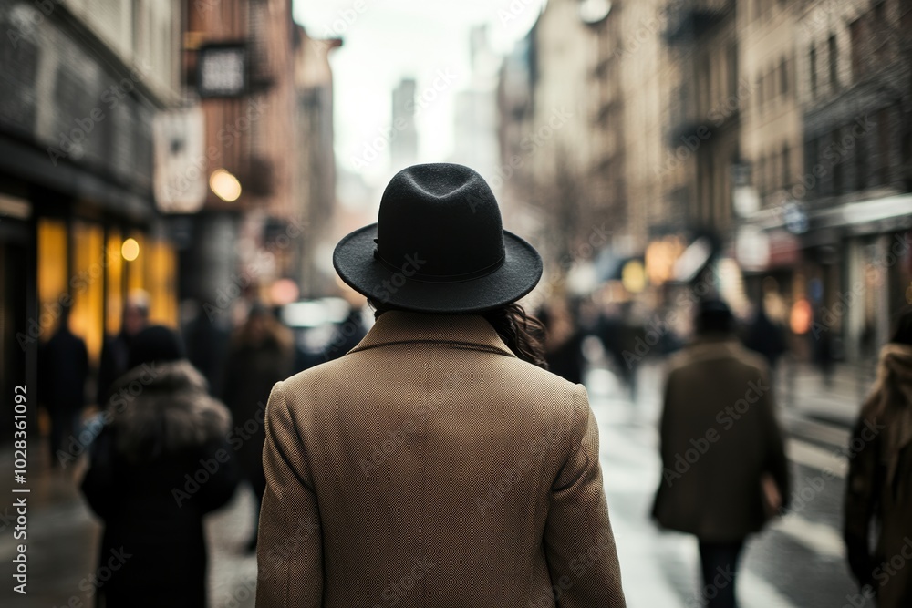 A person walking down a busy street, dressed in sharp, stylish clothes, head held high A person walking down a busy street, dressed in sharp, stylish clothes, head held high