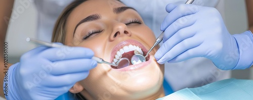 Detailed view of dental dam, filling in progress, patient ready photo