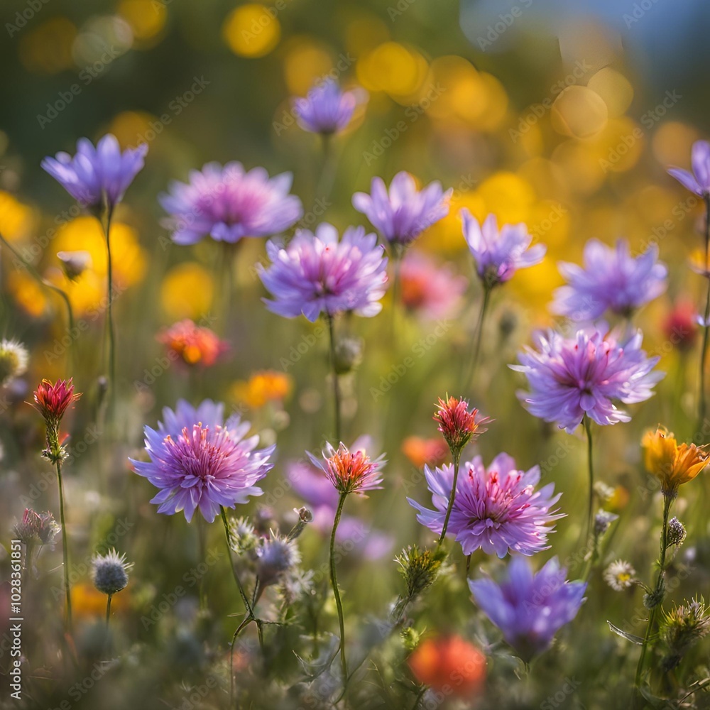 Fototapeta premium Hyper-realistic wildflowers with colorful bokeh background 