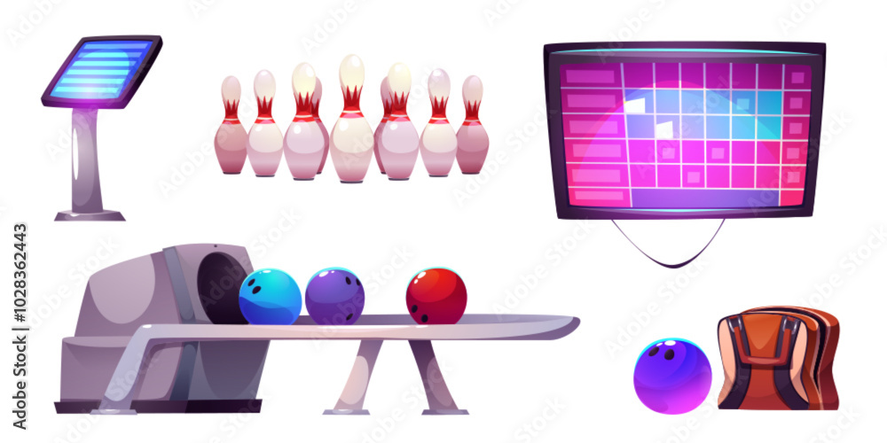 Naklejka premium Bowling pin and ball vector game illustration. Strike tournament event with skittles. Kegling championship isolated icon set. Movement alley for sphere and gambling screen with scoreboard design