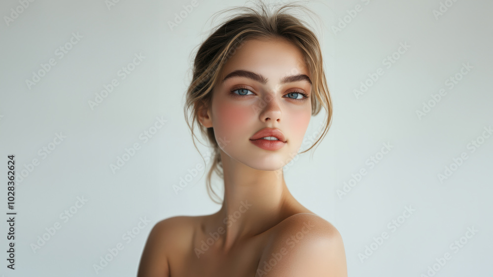Young woman with natural look pose on white background, copy space, skin care and cosmetics model. Young woman with natural look pose on white background, copy space, skin care and cosmetics model.
