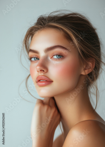 Young woman with natural look pose on white background, copy space, skin care and cosmetics model.