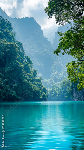 A breathtaking tropical scene featuring a calm turquoise lake surrounded by dense, green mountains, creating a peaceful and exotic atmosphere