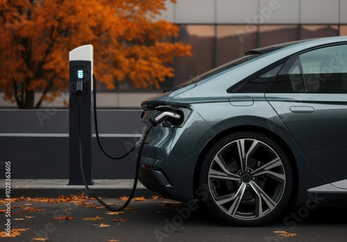Electric car charging amidst autumn foliage at modern charging station