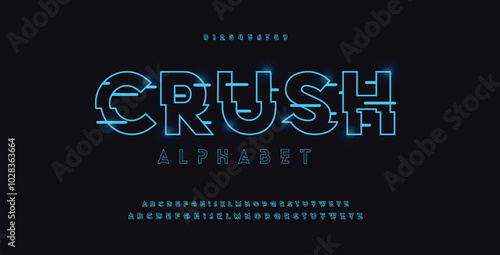 Abstract urban thin line font alphabet. Minimal modern neon fonts and numbers. Typography typeface uppercase lowercase and number. vector illustration