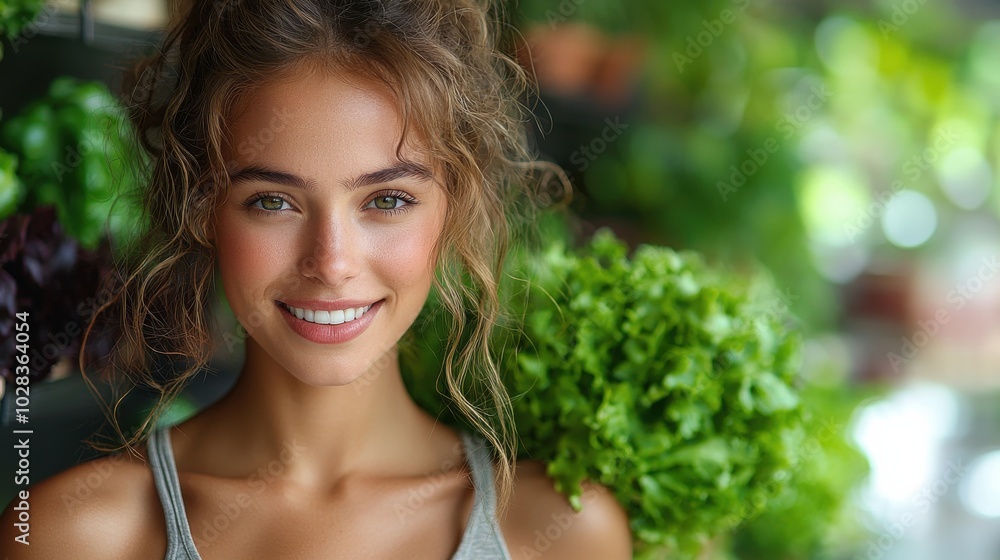 Smiling young woman carrying fresh greens in a vibrant urban garden during sunny afternoon Smiling young woman carrying fresh greens in a vibrant urban garden during sunny afternoon