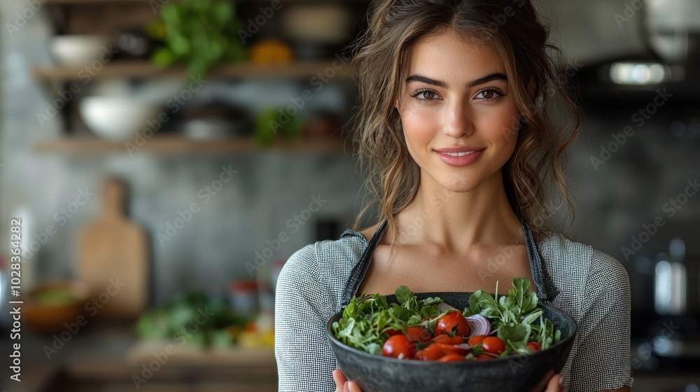 A young woman in a cozy kitchen holds a bowl of fresh salad with vibrant vegetables surrounded by herbs and kitchenware, capturing a healthy lifestyle A young woman in a cozy kitchen holds a bowl of fresh salad with vibrant vegetables surrounded by herbs and kitchenware, capturing a healthy lifestyle