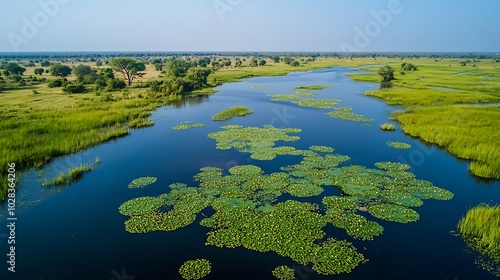 Aerial view of a river in the Okavango Delta, Botswana, with lily pads and lush green vegetation.