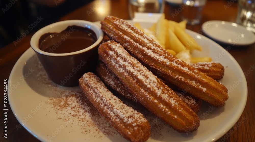 A plate of churros with chocolate dipping sauce and powdered sugar. A plate of churros with chocolate dipping sauce and powdered sugar.
