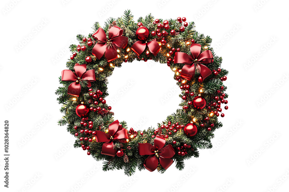 Beautiful Christmas wreath adorned with red bows and ornaments, perfect for festive decoration. Beautiful Christmas wreath adorned with red bows and ornaments, perfect for festive decoration.
