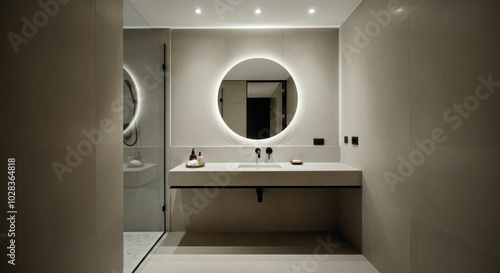 Elegant modern bathroom with minimalistic design and round backlit mirror