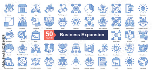 Business Expansion icon collection set. Containing Revenue, Outlet, Idea, Profit, Risk Management, Network, Pie Chart, Intellectual, Marketing icon. Simple Colored Outline Blue vector illustration.
