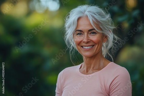 Portrait of a senior woman with white hair smiling outdoors in a park. Senior activity, sport and exercise outdoors.