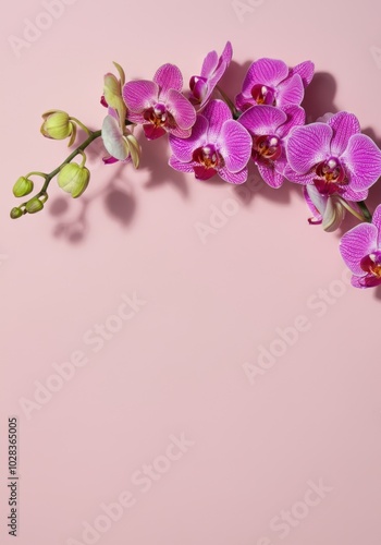Elegant pink orchids arrangement on pastel background with space for text
