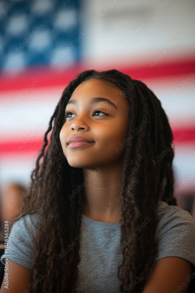 a black girl kid sitting in school class with the american flag in the background.She is smiling and thinking. a black girl kid sitting in school class with the american flag in the background.She is smiling and thinking.