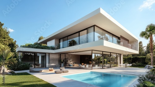 exterior perspective view af a very modern villa in marbella, two floors, large glass vindows, exterior garden pool, very high details, high resolution, turquoise sky, 3D model