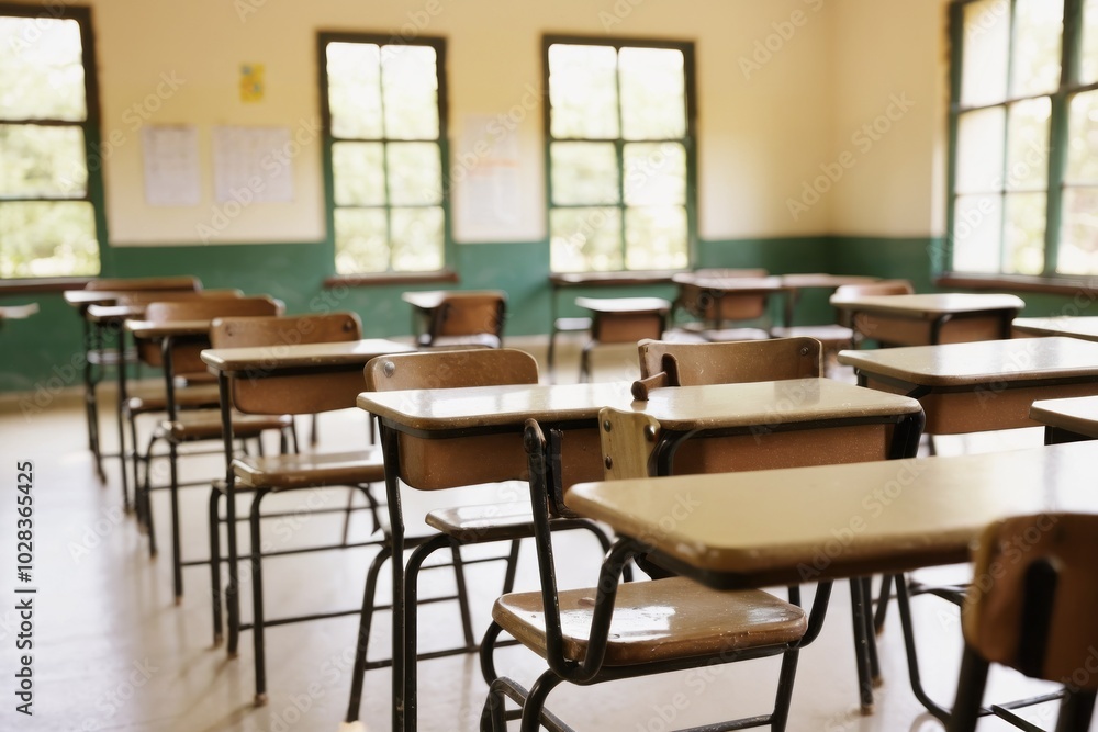 A bright and empty school classroom featuring wooden desks and chairs, designed for education with large windows letting in natural light A bright and empty school classroom featuring wooden desks and chairs, designed for education with large windows letting in natural light