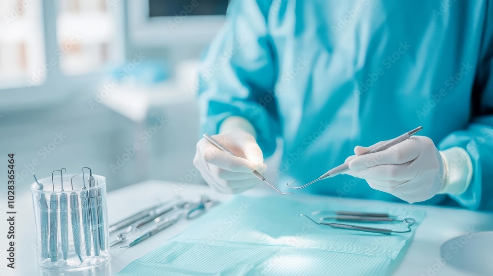 Preparing filling material, sterile tools arranged, patient ready Preparing filling material, sterile tools arranged, patient ready