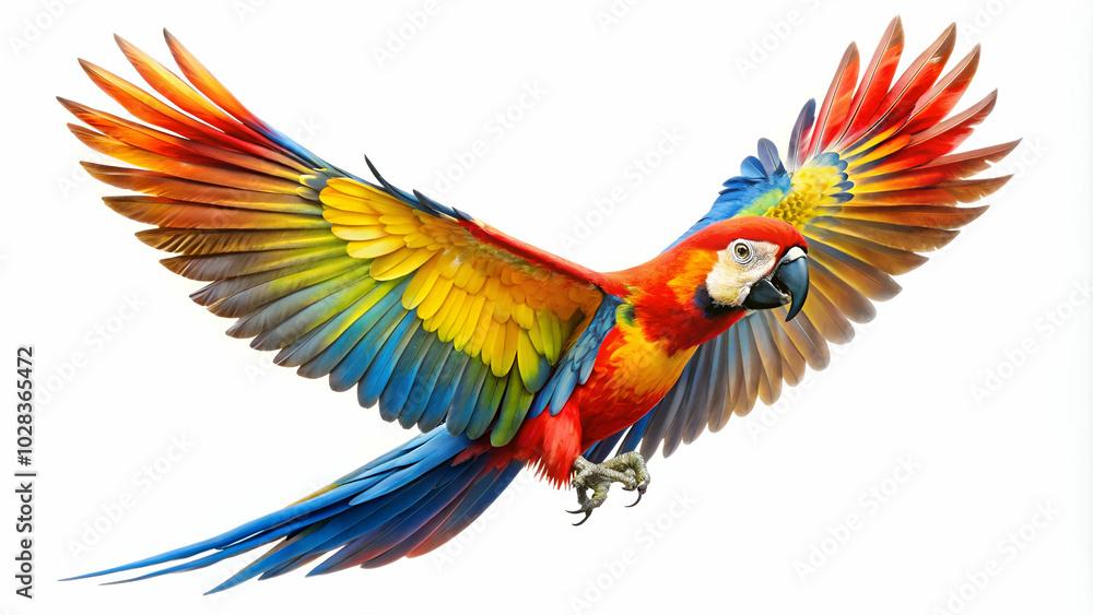 Obraz premium Brightly colored flying parrot on a white background, ideal for nature-inspired artwork and educational resources