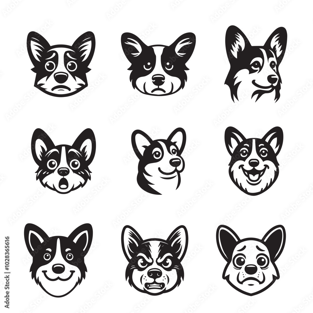 Set of Welsh Corgi Dog Face vector illustration - Welsh Corgi Dog clipart Design in black and white Set of Welsh Corgi Dog Face vector illustration - Welsh Corgi Dog clipart Design in black and white