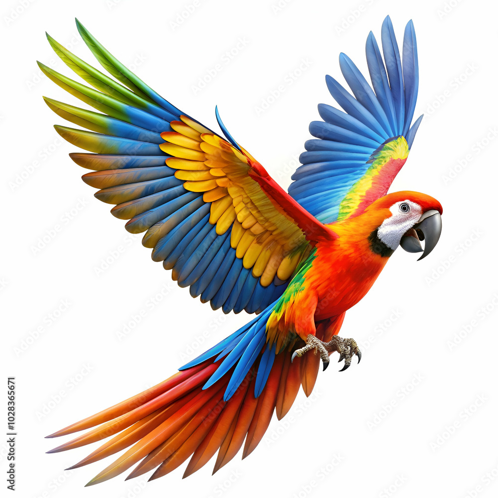 Fototapeta premium Brightly colored flying parrot on a white background, ideal for nature-inspired artwork and educational resources